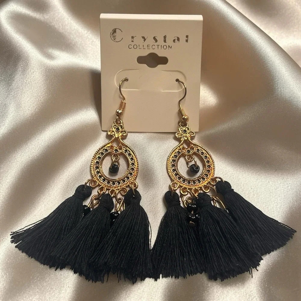Bohemian Tassel Dangle Fringe Boho Black / Gold Beaded Earrings